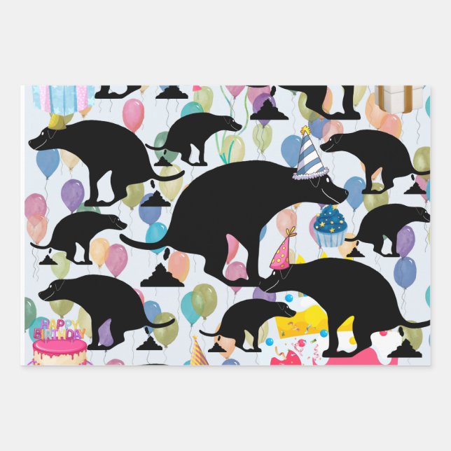 Pooping Birthday Dog Pattern Wrapping Paper Sheet (Front)