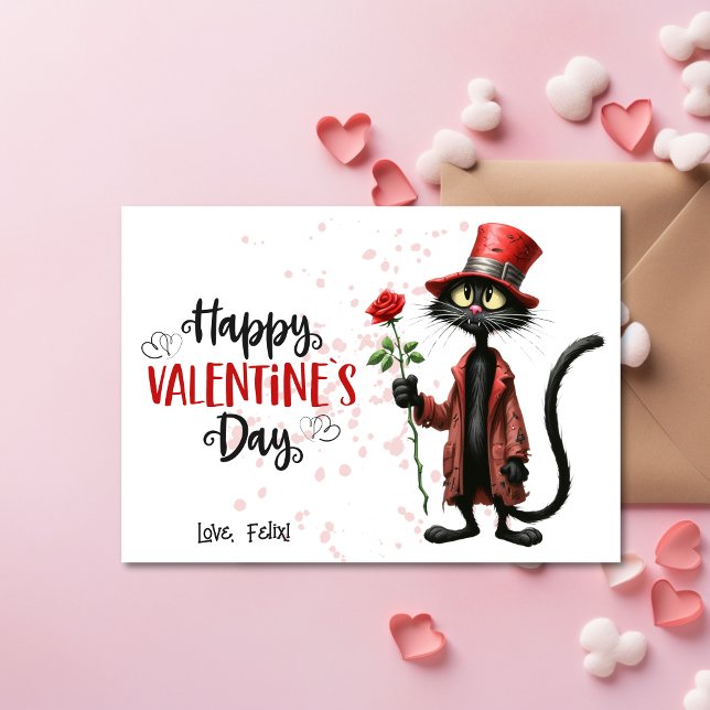 Poor Black Cat With Red Hat Happy Valentines Day  Holiday Card (Creator Uploaded)