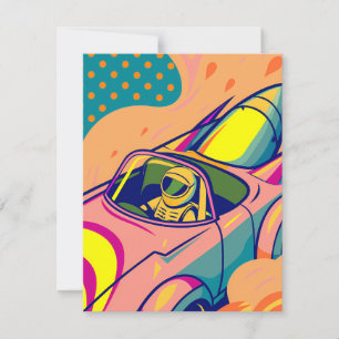Pop Art Astronaut Driving Rocket Car Card