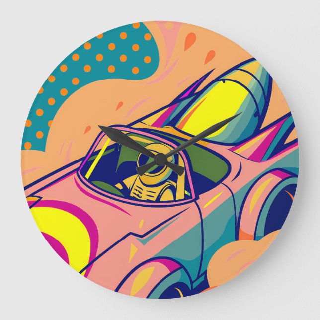 Pop Art Astronaut Driving Rocket Car Large Clock (Front)