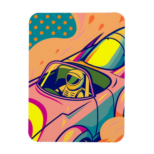 Pop Art Astronaut Driving Rocket Car Magnet (Vertical)