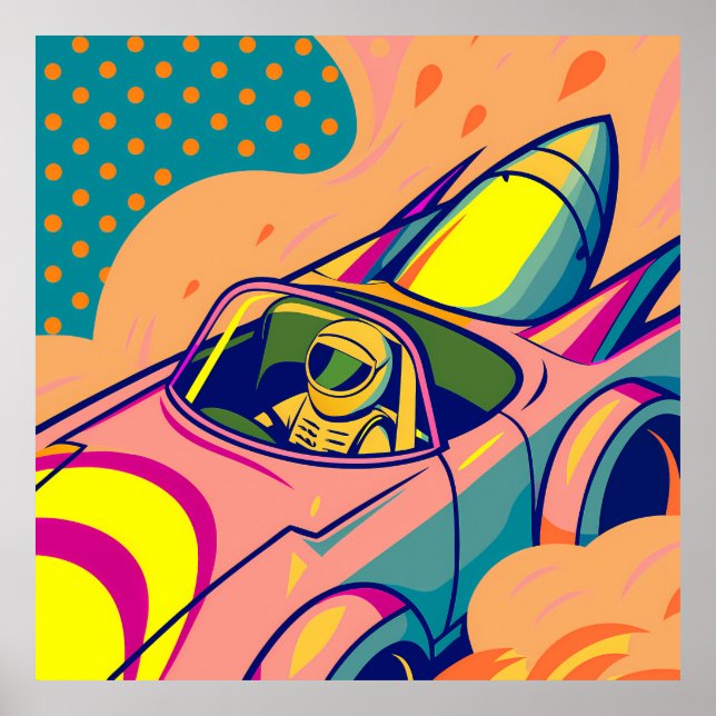 Pop Art Astronaut Driving Rocket Car Poster (Front)