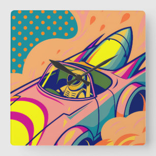 Pop Art Astronaut Driving Rocket Car Square Wall Clock
