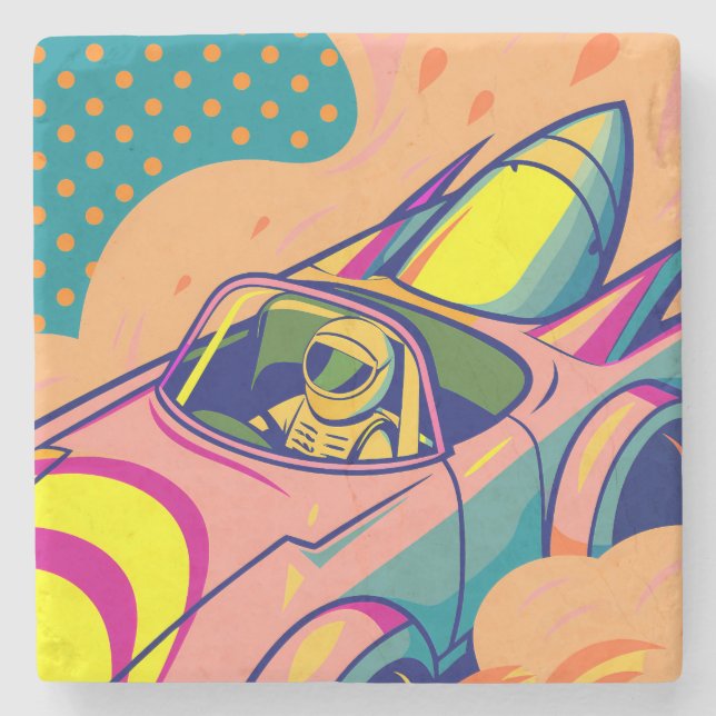Pop Art Astronaut Driving Rocket Car Stone Coaster (Front)