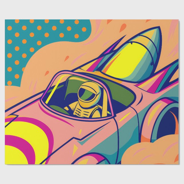 Pop Art Astronaut Driving Rocket Car Wrapping Paper (Flat)