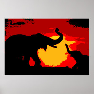 Pop Art Baby & Mum Elephants at Red Sunset Poster