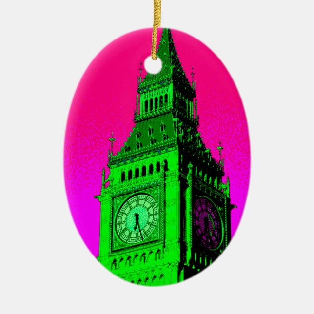 Pop Art Big Ben London Travel Pink Green Ceramic Tree Decoration (Front)