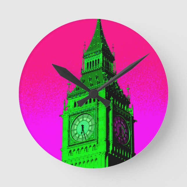 Pop Art Big Ben London Travel Pink Green Round Clock (Front)