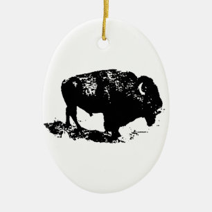 Pop Art Black White Buffalo Bison Silhouette Ceramic Ornament