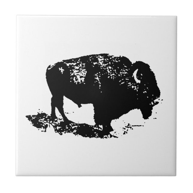 Pop Art Black White Buffalo Bison Silhouette Ceramic Tile (Front)
