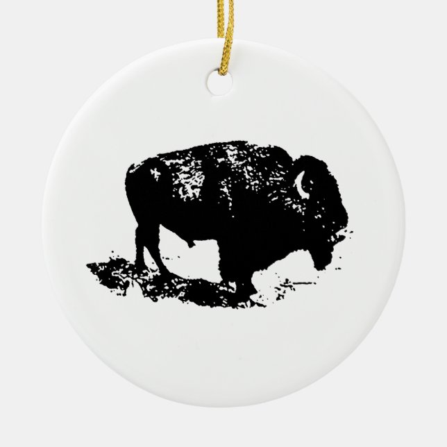 Pop Art Black White Buffalo Bison Silhouette Ceramic Tree Decoration (Front)