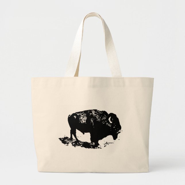 Pop Art Black White Buffalo Bison Silhouette Large Tote Bag (Front)