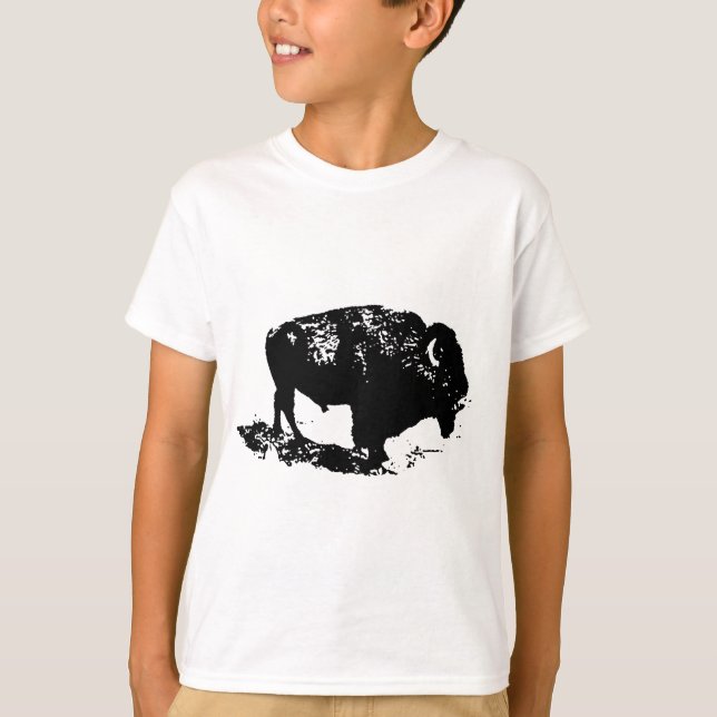 Pop Art Black White Buffalo Bison Silhouette T-Shirt (Front)