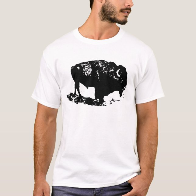 Pop Art Black White Buffalo Bison Silhouette T-Shirt (Front)