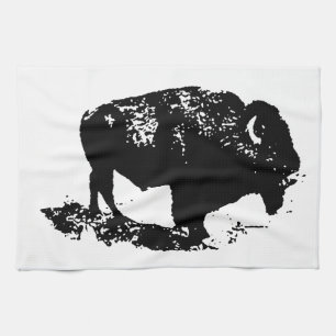 Pop Art Black White Buffalo Bison Silhouette Tea Towel