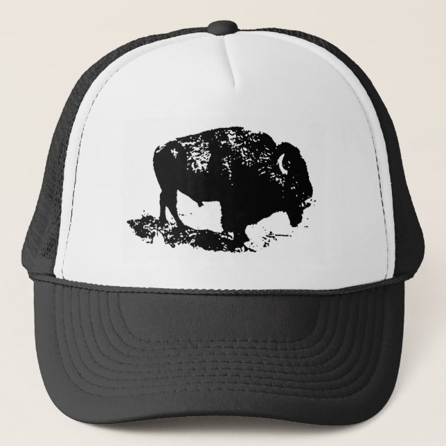 Pop Art Black White Buffalo Bison Silhouette Trucker Hat (Front)