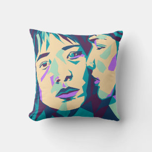 Pop Art   Blue Green and Cyan   Two Women Cushion