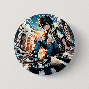 Pop Art Boy on Skateboard in City  6 Cm Round Badge
