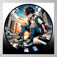 Pop Art Boy on Skateboard in City 