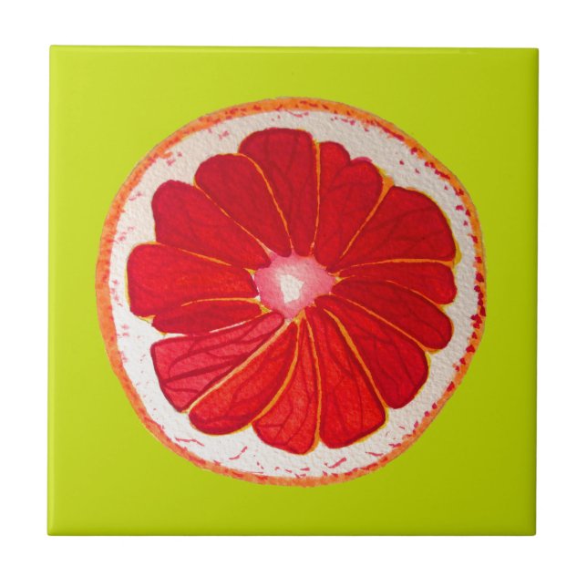 Pop art bright pink grapefruit watercolour ceramic tile (Front)