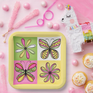 Pop Art Butterflies and Flowers Paper Plate
