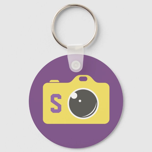 Pop Art Camera Purple Yellow Monogram Key Ring (Front)