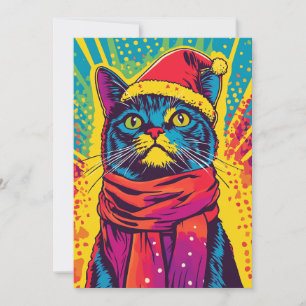 Pop Art Christmas Santa Hat Cat Custom Message Holiday Card