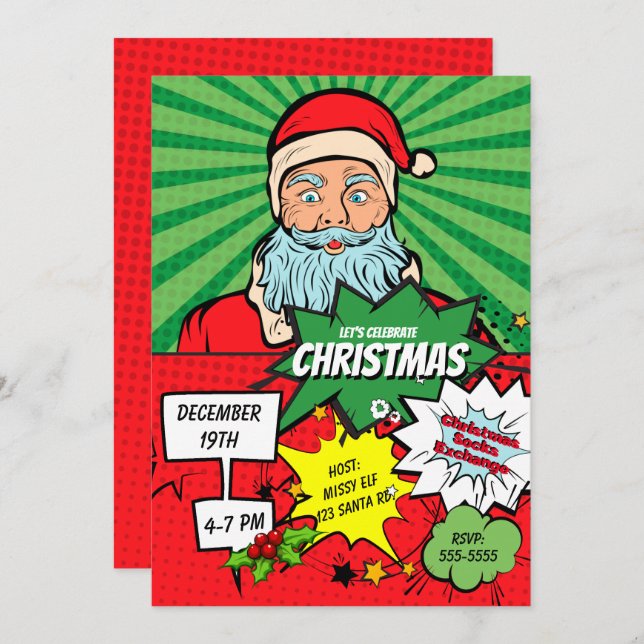 Pop Art Christmas Santa Party Comic Invitation (Front/Back)