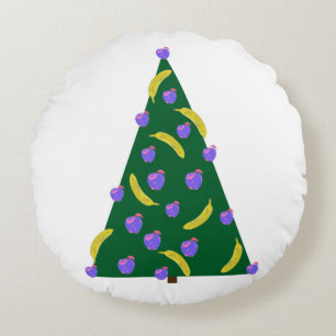 Pop Art Christmas Tree with Apples and Bananas Round Cushion
