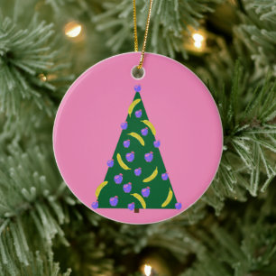 Pop Art Christmas Tree with Apples & Bananas Pink Ceramic Ornament
