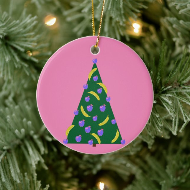 Pop Art Christmas Tree with Apples & Bananas Pink Ceramic Ornament (Tree)