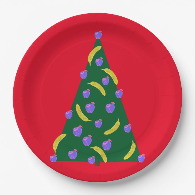 Pop Art Christmas Tree with Apples & Bananas Red Paper Plate (Front)