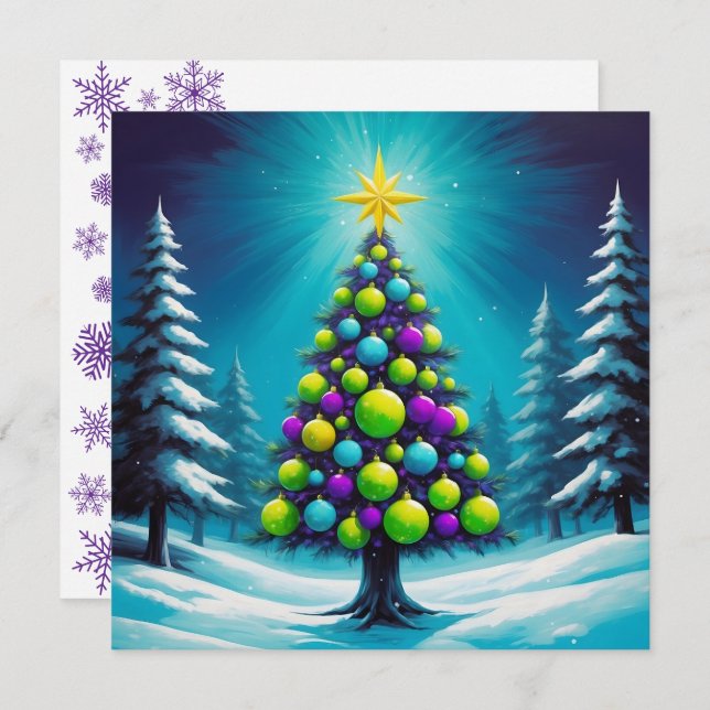 Pop Art Christmas with Neon Green Blue Purple Holiday Card (Front/Back)