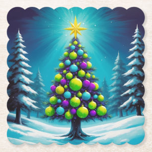 Pop Art Christmas with Neon Green Blue Purple Paper Coaster