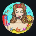 Pop Art Clock Girl Eating Hamburger Colourful<br><div class="desc">This is a cool clock retro and pop art combined with a cool girl with a burger in one hand and a drink in the other. The bright colours just add to the fun design of this clock!!! Great for kitchen of course but you might think of another place to...</div>