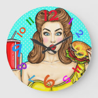 Pop Art Clock Girl Eating Hamburger Colourful