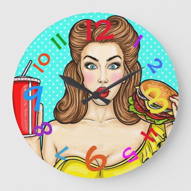Pop Art Clock Girl Eating Hamburger Colourful (Front)