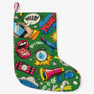 Pop art colorful seamless pattern with comic speec small christmas stocking