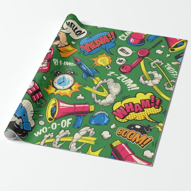 Pop art colourful seamless pattern with comic spee wrapping paper (Unrolled)