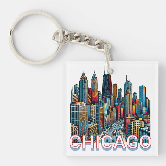Pop art Comic Book Art Chicago Illinois Skyline Key Ring (Front)