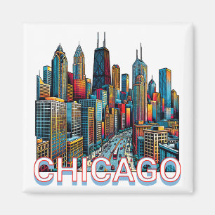 Pop art Comic Book Art Chicago Illinois Skyline Magnet