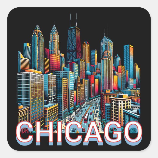 Pop art Comic Book Art Chicago Illinois Skyline Square Sticker (Front)