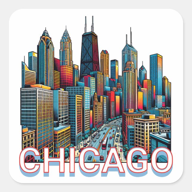 Pop art Comic Book Art Chicago Illinois Skyline Square Sticker (Front)