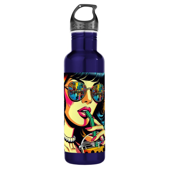 Pop Art Comic Book Pretty Woman Drinking Boba 710 Ml Water Bottle (Front)