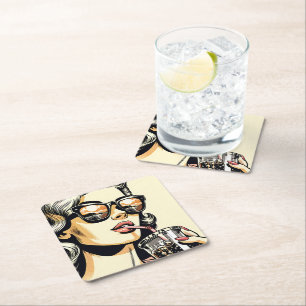Pop Art Comic Book Pretty Woman Drinking Soda Square Paper Coaster