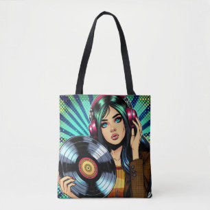 Pop art Comic Girl in Headphones Tote Bag