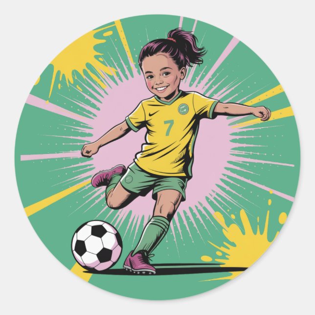Pop Art Comic Girls Soccer Birthday Party Classic Round Sticker (Front)
