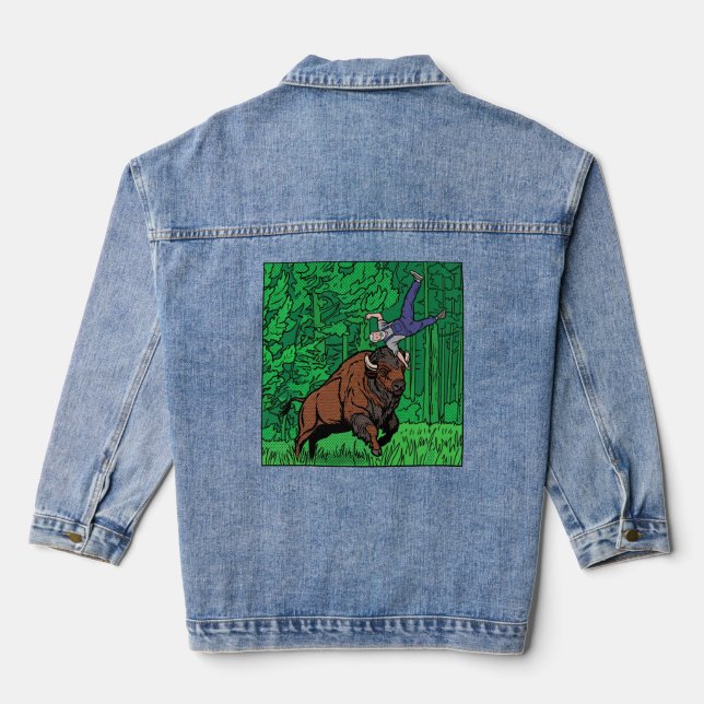 Pop Art Comic Style Bison Tossing Man Halftone Denim Jacket (Back)