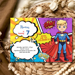 Pop art comic superhero superboy birthday invitation