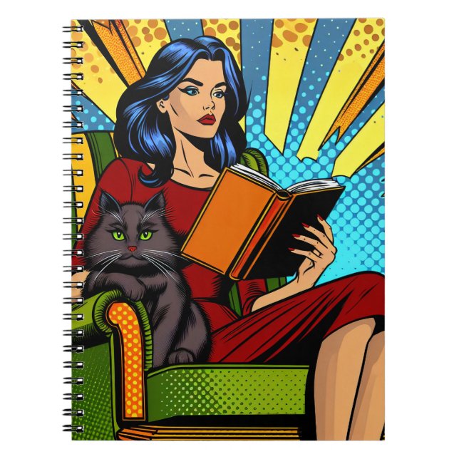 Pop Art Comic Woman Reading with Cat Notebook (Front)